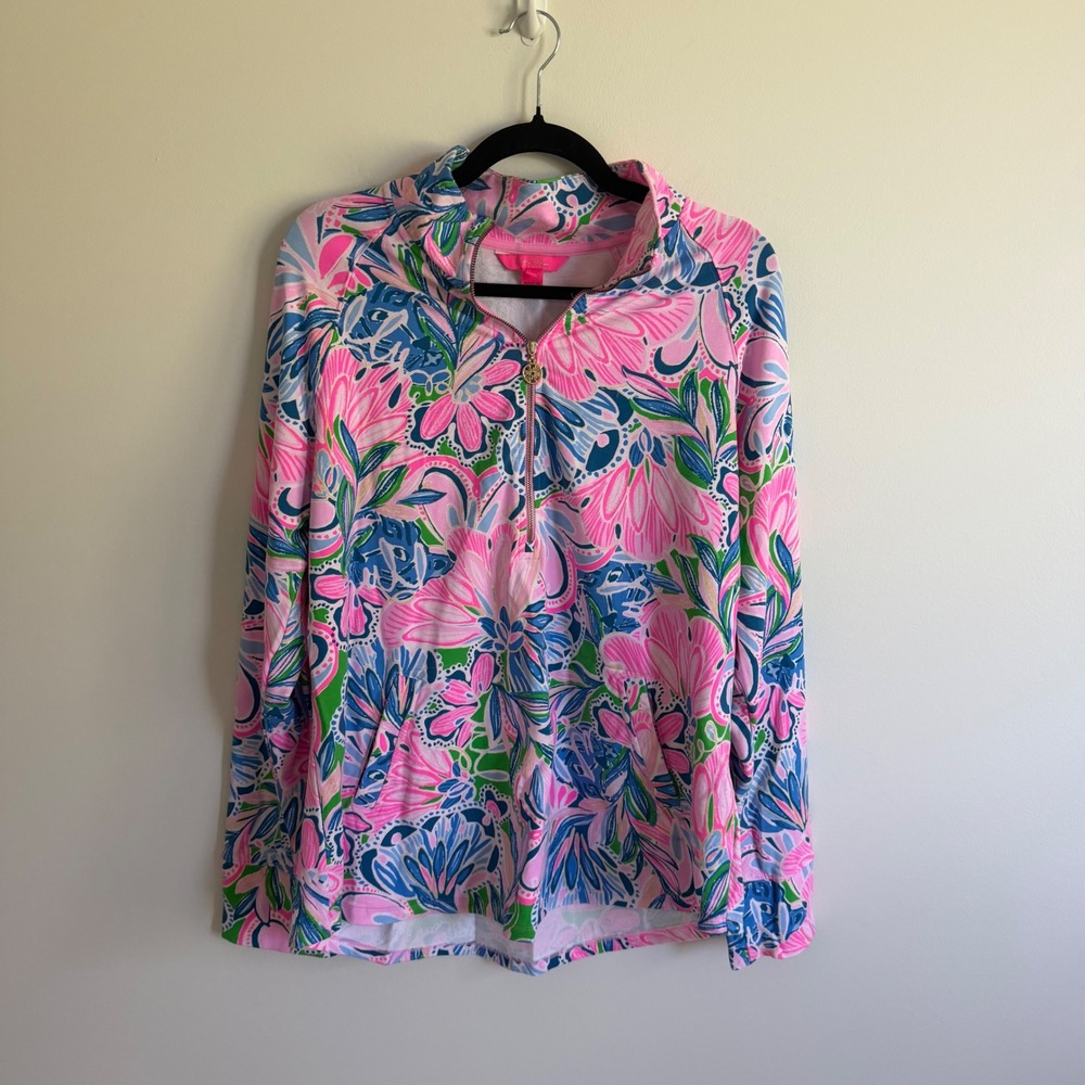 Lilly Pulitzer Womens XL Skipper Popover Pink Floral Blue Green Quarter Zip
